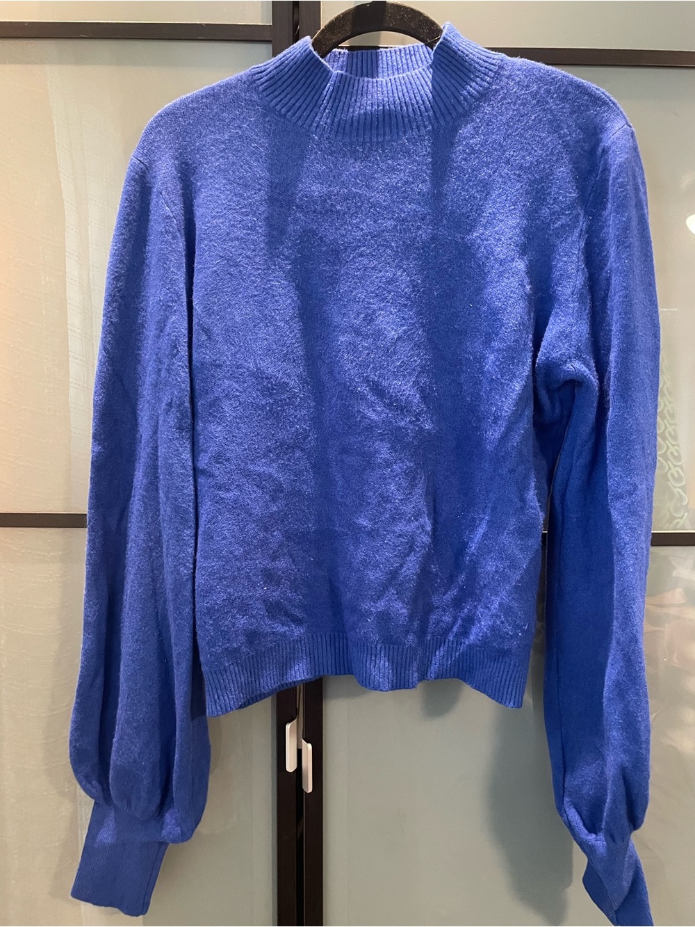 Royal Blue High-Neck Sweater with Balloon Sleeves